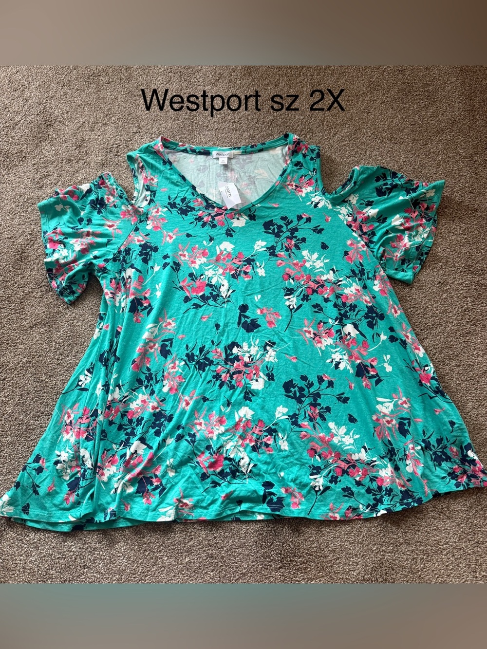 Westport Teal Floral Cold-Shoulder V-Neck Tunic